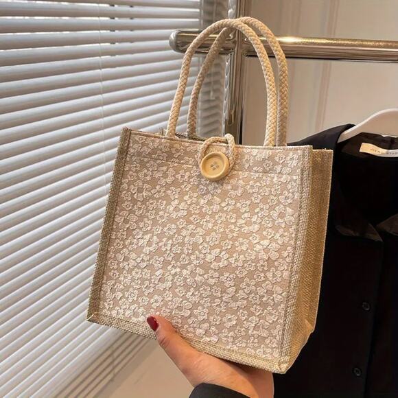 Japanese Floral Tote Bag - Lightweight Button Closure Handbag Boho Style - Picture 3 of 5